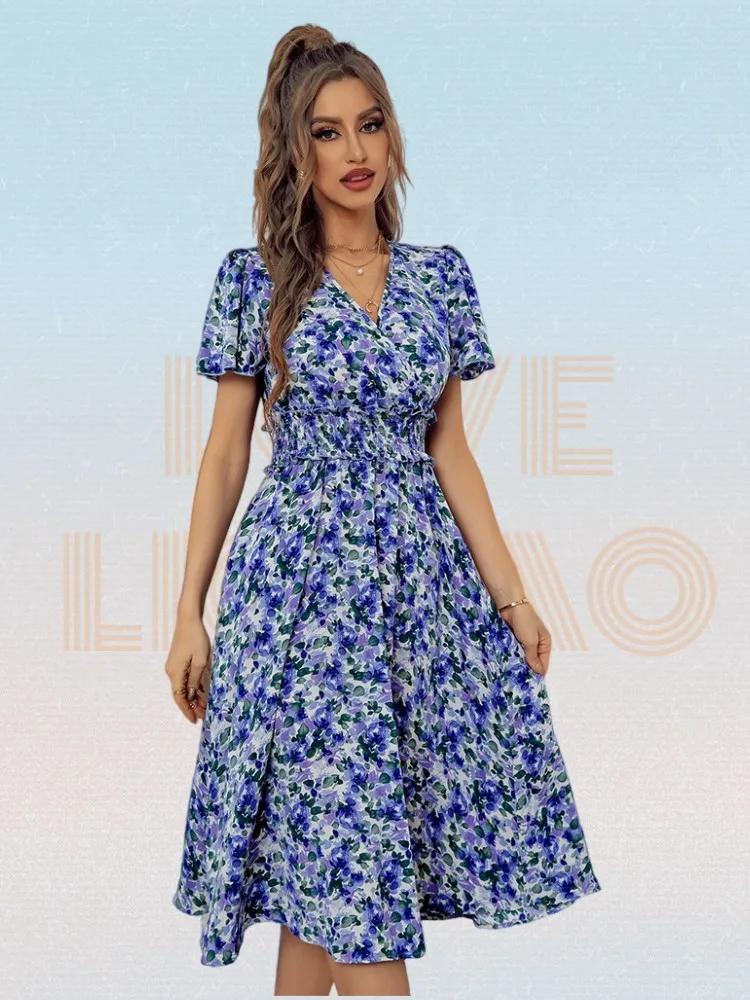 

Fashion Printed V-neck Long Dress For Women Summer Elegant Floral Short Sleeve Dress Lady Purple Casual A-line Dress Robe Femme