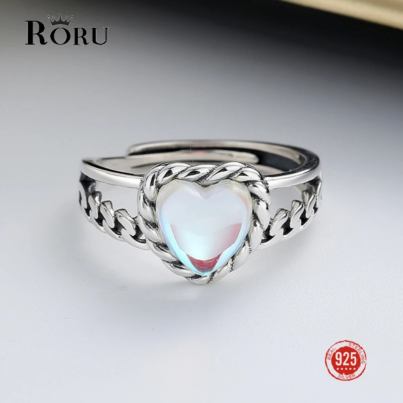 

RORU S925 Sterling Silver Loving Heart Moonstone Ring Open Adjustable Double Layers Creative Fashion for Women Friend Gift Ring