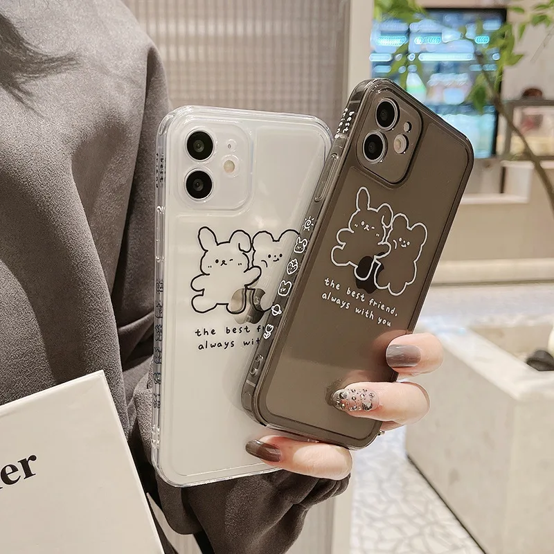 

Cute Cartoon Bunny Bear Transparent Phone Case for iPhone 14 12 13 11 Pro ProMax Plus X XR Xsmax Shockproof Soft Phone Cover