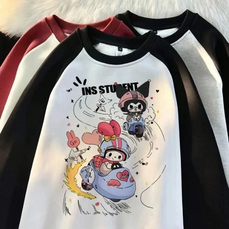 

Свитшот Sanrio Kawaii Kuromi My Melody, детский Свободный пуловер с милым мультяшным принтом, модная повседневная одежда для студентов, аниме, подарок