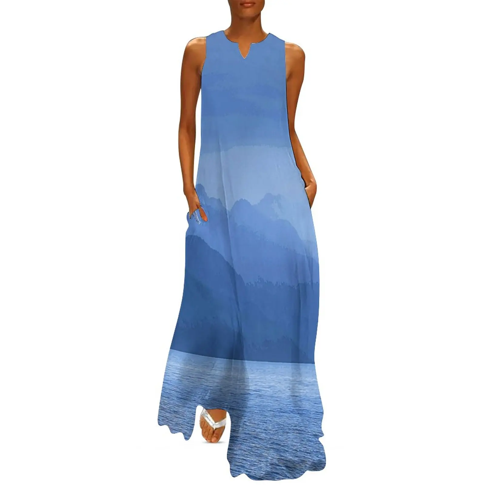 

Mountains Acrylic Art Dress Blue Water Kawaii Maxi Dress Aesthetic Casual Long Dresses Summer V Neck Print Clothing Big Size 4XL