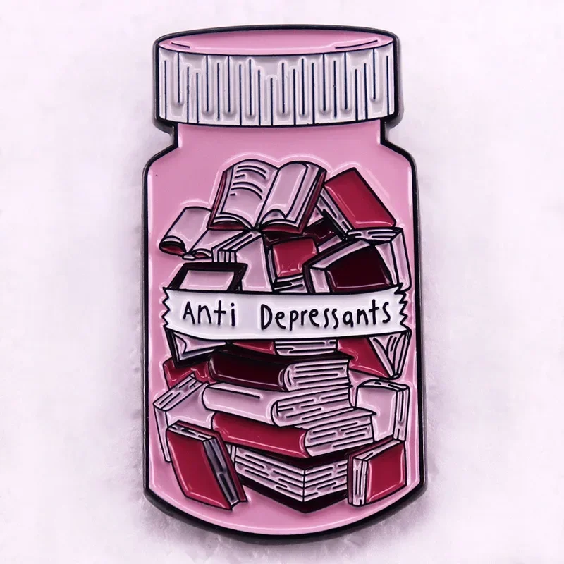 

Anti Depressants Antidepressant Books Mental Health Medicine Bottle Metal Enamel Clothes Hat Bag Coats Lapel Badge Brooch Pin