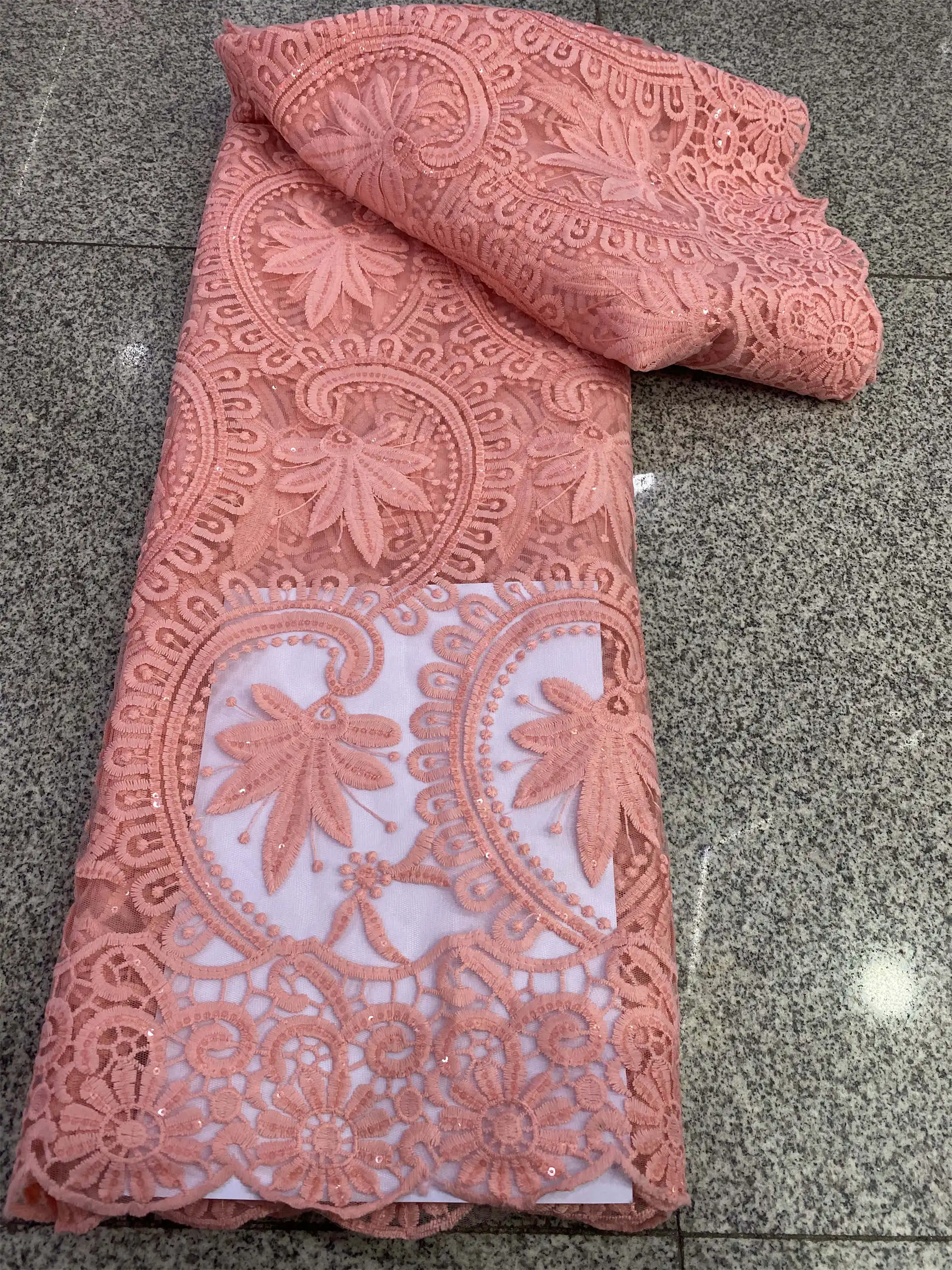 

Sequins Embroidered Lace Fabric Pink Mesh Lace and Embellishments for Sewing Tulle Wedding Dresses Cheap Nigerian African BYYN38