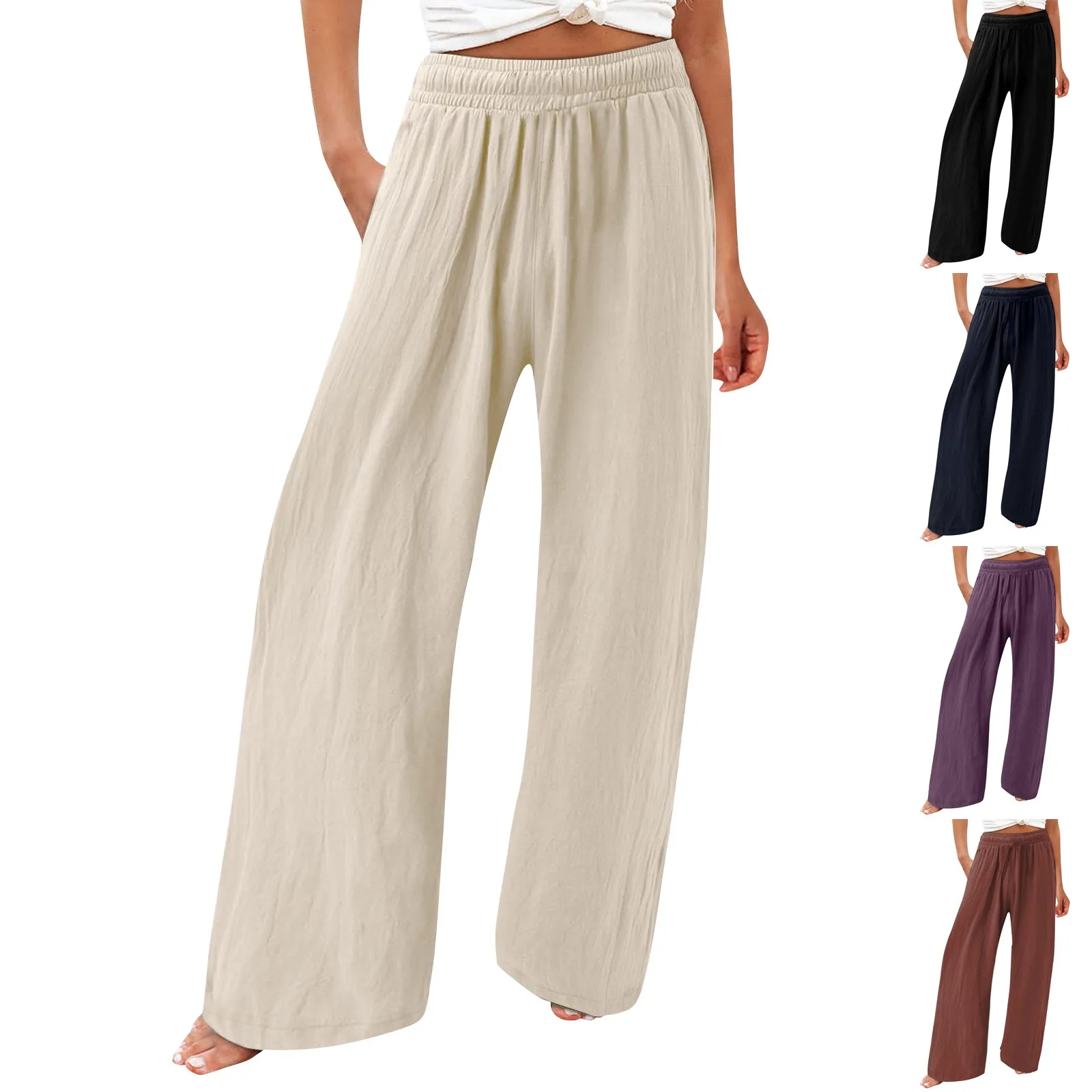 

Брюки женские хлопково-льняные с широкими штанинами, повседневные однотонные свободные прямые штаны, винтажные удобные пляжные с эластичным поясом на шнурке, 2023