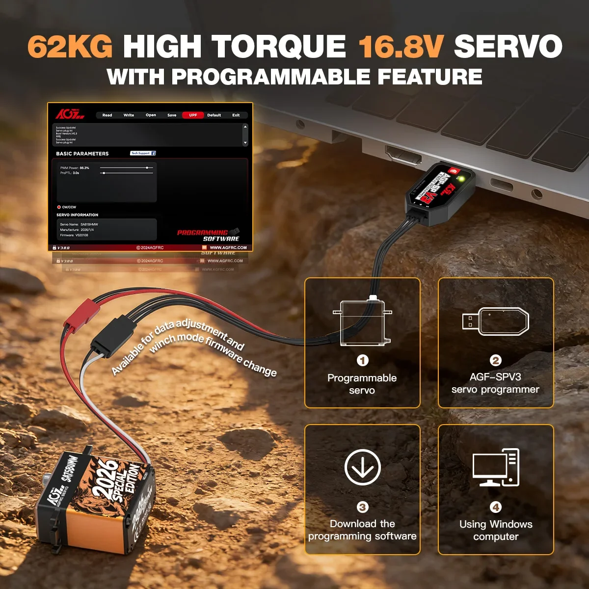 Фото DroMaAGFRC SA75BUMW Специальный 62-килограммовый супер-торцевой сервопривод 4S 16.8V HV с программируемым управлением, водонепроницаемый, для радиоуправляемых автомобилей и краулеров масштаба 1/8 и 1/10. №4