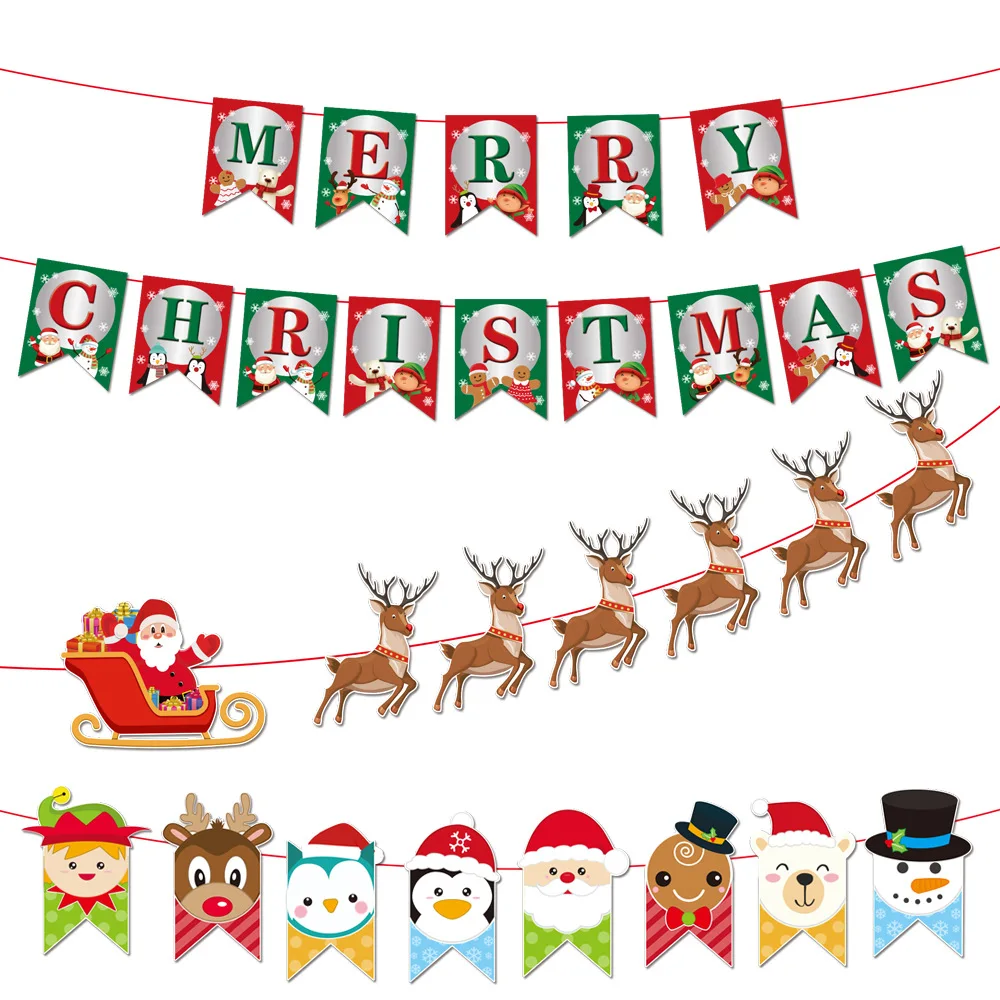 

Christmas Decoration Cartoon Santa Claus Deer Letter Pull Flag Merry Xmas Holiday Party Hanging Bunting Banners Home Decorative