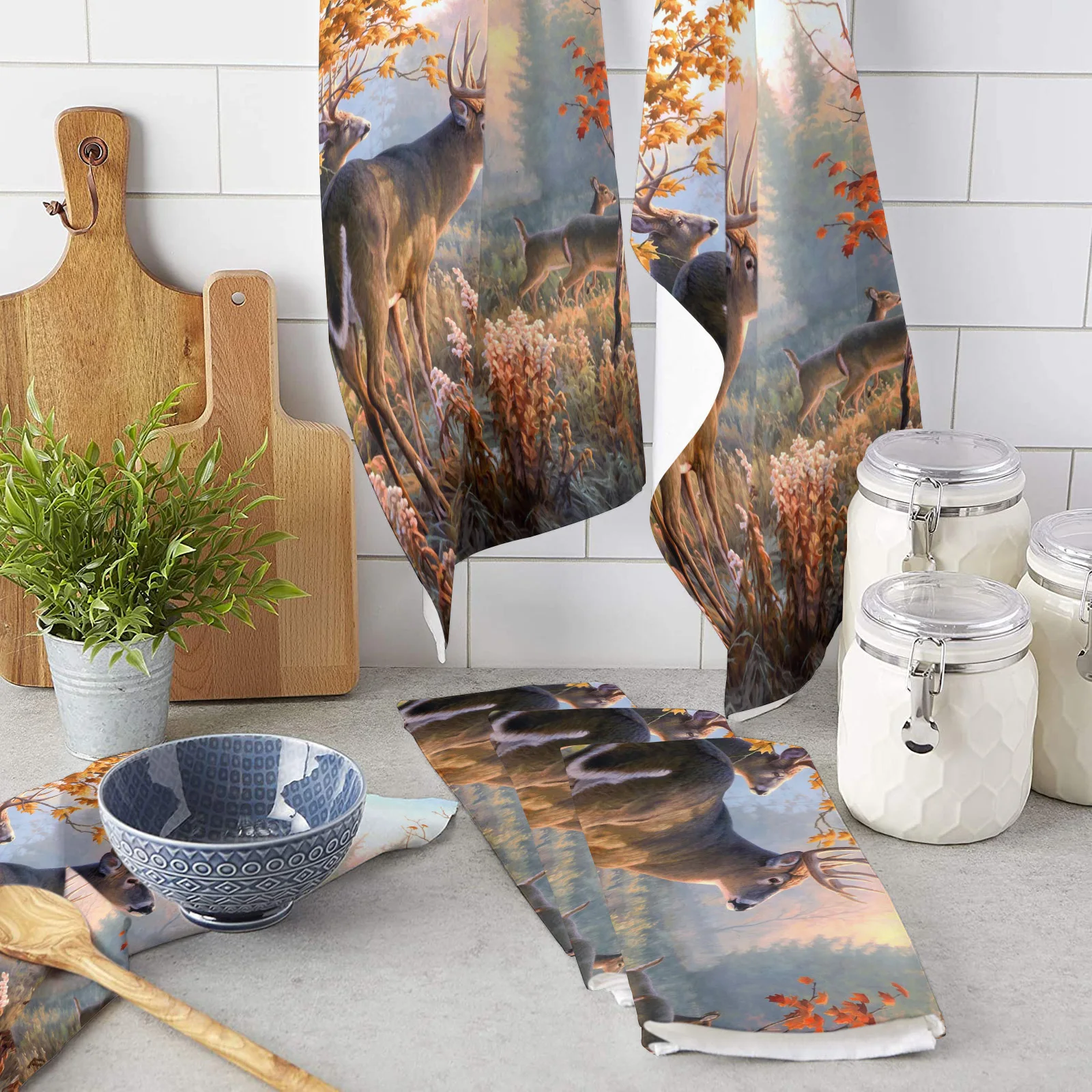 

Абсорбирующее полотенце из микрофибры, впитывающее кухонное полотенце для мытья посуды, с изображением леса, оленя, березы, клена, травы
