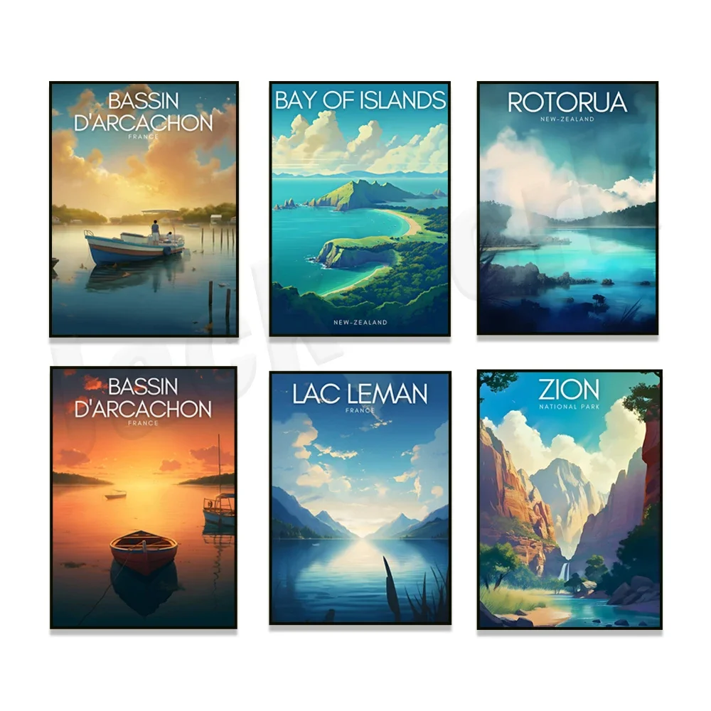 Provence France Les Cap-Ferrets Lake Geneva Arcachon Rotorua New Zealand Bay of Islands El Capitan travel poster