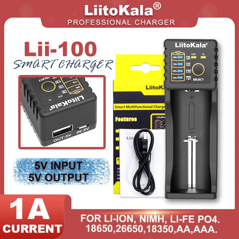 

Liitokala Lii-100 3.7V 1.2V 3.2V 3.85V 18650 18350 18500 14500 26650 AA AAA NiMH Lithium-Battery Charger