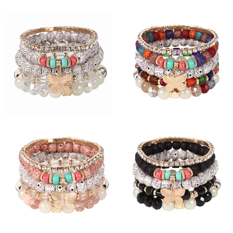 

European and American Bohemian Beaded Bracelet Bodhi Rice Bead Butterfly Diamond Stretch Suit Casual Fashion Bracelet