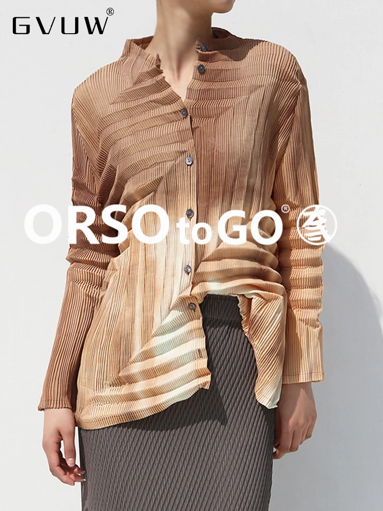 

GVUW Pleated Long T-shirt Women Versatile Tie Dye Full Sleeve Fashion New 2023 Autumn Vintage Chic Female Fold Clothing 17G2414