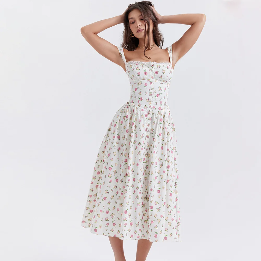 

Luxury high quality french party dresses Summer backless strap sleeveless square collar corset floral print A-line midi dress