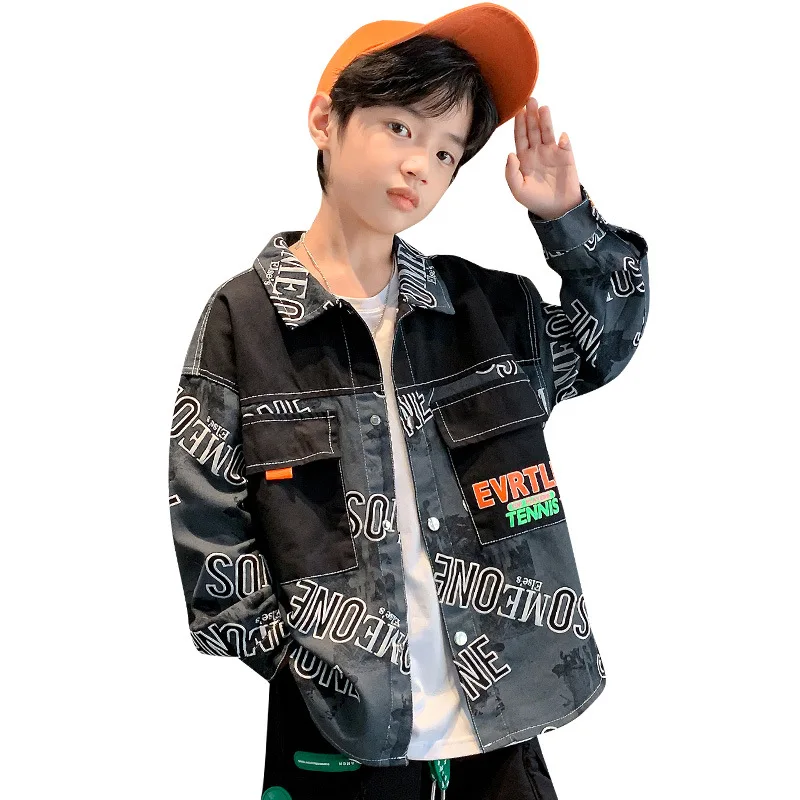 

Fashion Boys Clothes Spring Autumn Long Sleeves Shirts Blouse for Teens Letter Print Patchwork Jacket Tie Dye Tops 8 10 12 14 Y