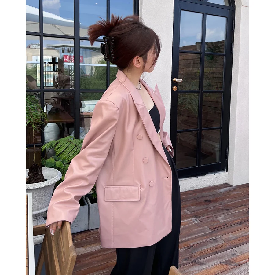 White Women Black and Leather Suit Jacket Fashion Casual PU Leather Coats Autumn 2023