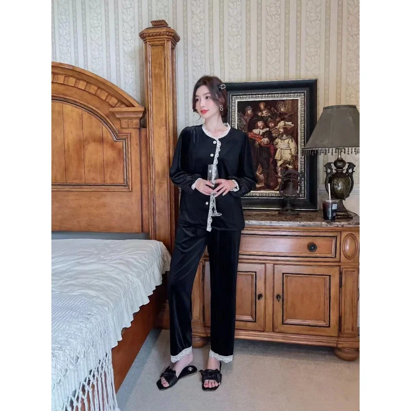 2023 Autumn New Pleuche Long Sleeve Trousers Home Wear Lace Fairy Style Solid Color Pajamas for Women.