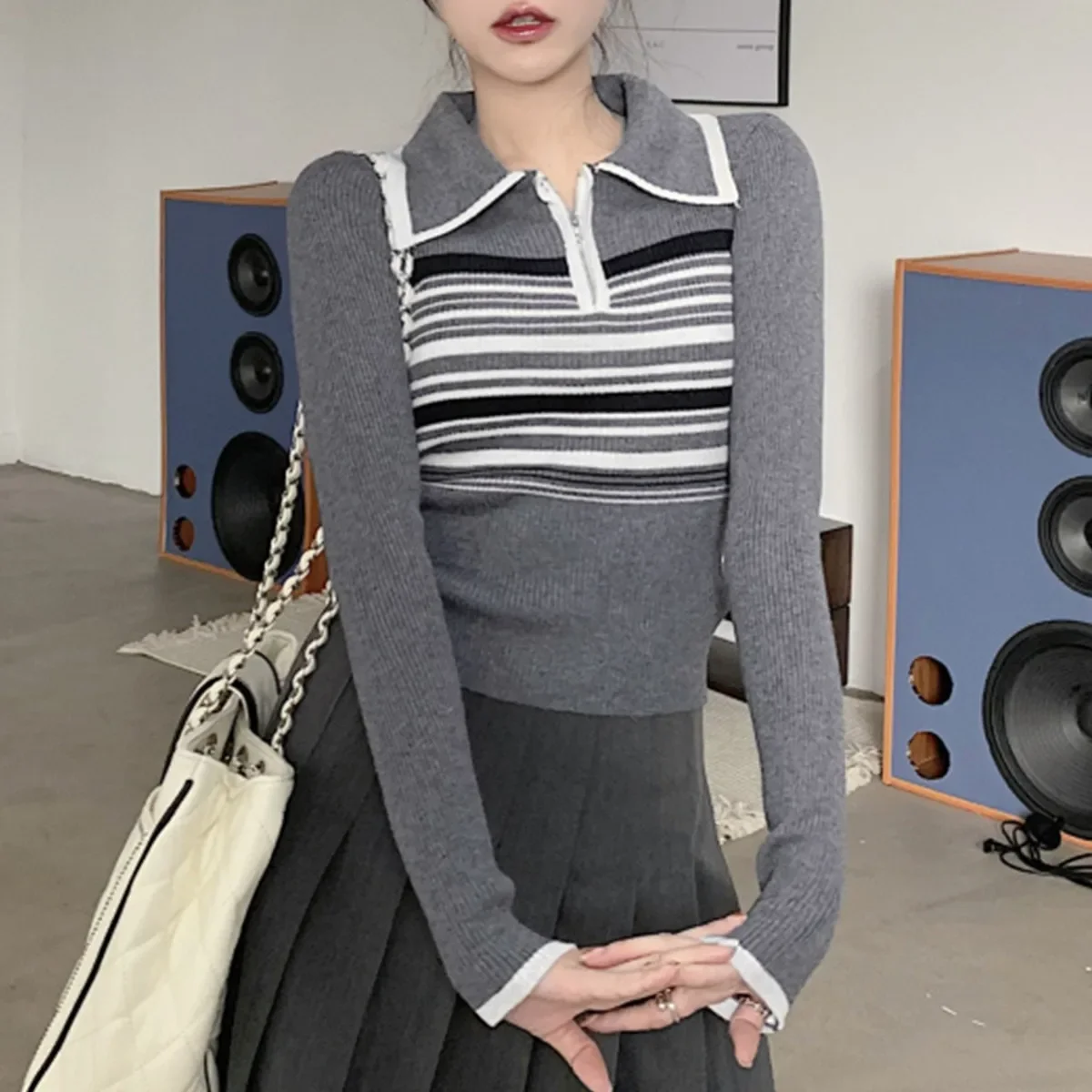 Полосатый воротник-поло с цветными блоками вязаный топ длинными рукавами