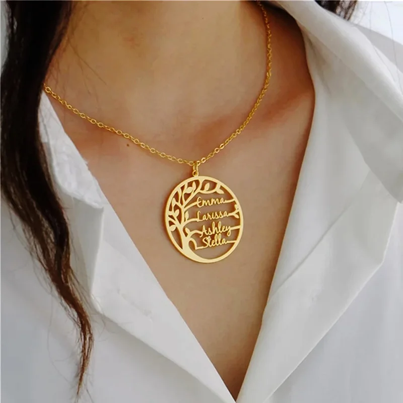 Custom Tree of Life Necklace for Women Stainless Steel Family 1-4 Names Round Pendant Necklaces Jewelry Parents Christmas Gifts