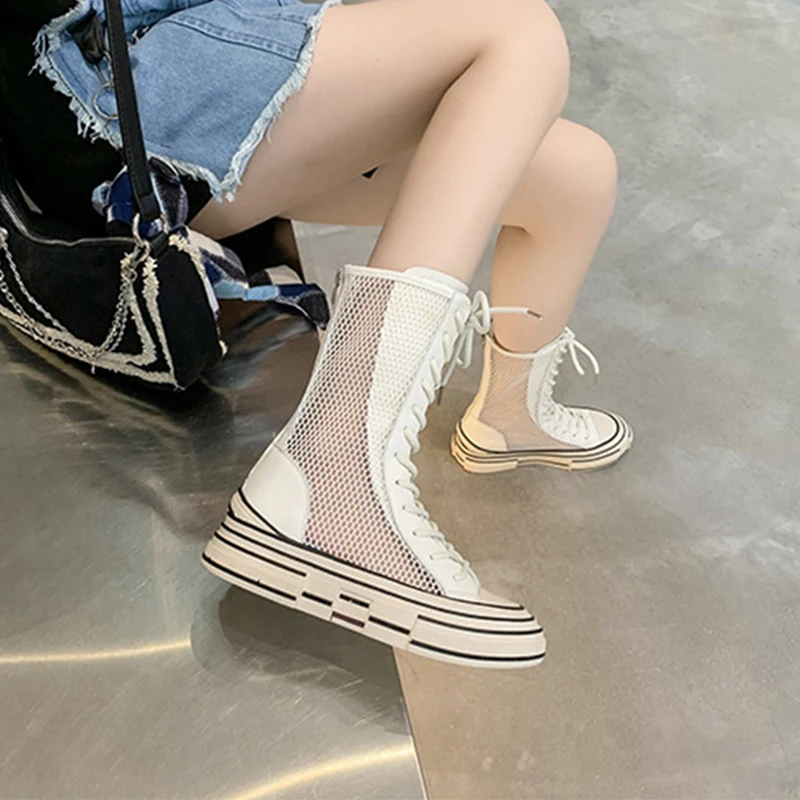 

Модные летние крутые сетчатые сапоги, женские пикантные короткие сапоги на платформе со шнуровкой, женская обувь, женские сапоги