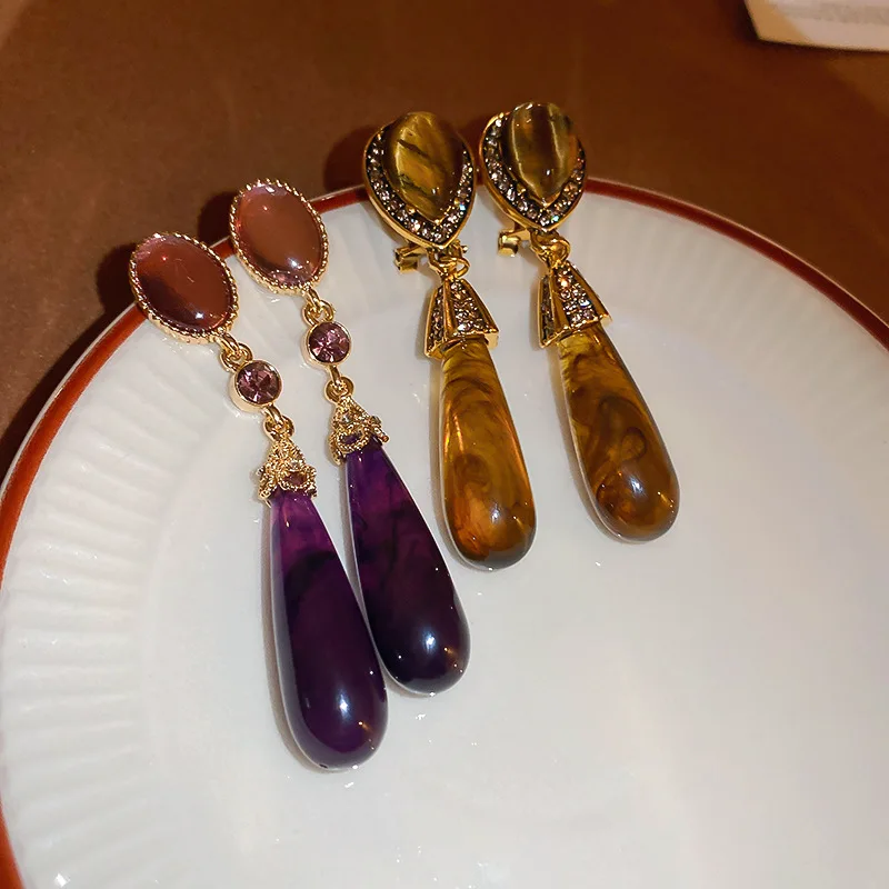 

Minar Vintage Water Drop Natural Stone Tigereye Resin Dangle Earrings for Women 14K Gold Copper Alloy Rhinestone Long Earring