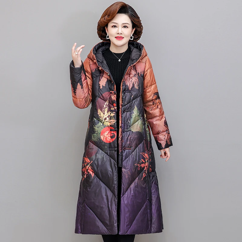 Fashion Retro Middle-aged Woman Hooded Loose print Down Jacket Women's Long Warm White Duck Dowm Parka Thick Puffer Coat Parka