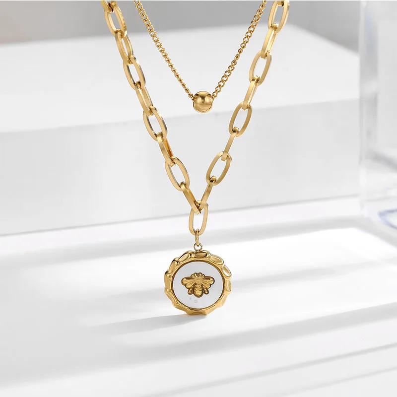 

Gold Color Bees Double-layered Personalized Titanium Steel Necklace Women's High-end Personalized Neck Hip-hop Style Jewelry
