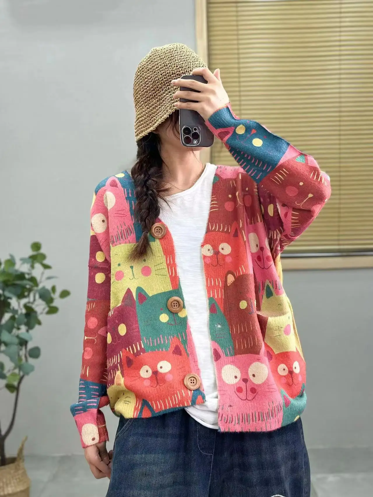 

Женский кашемировый свитер, вязаный кардиган свободного покроя с V-образным вырезом и принтом из норки, 2023