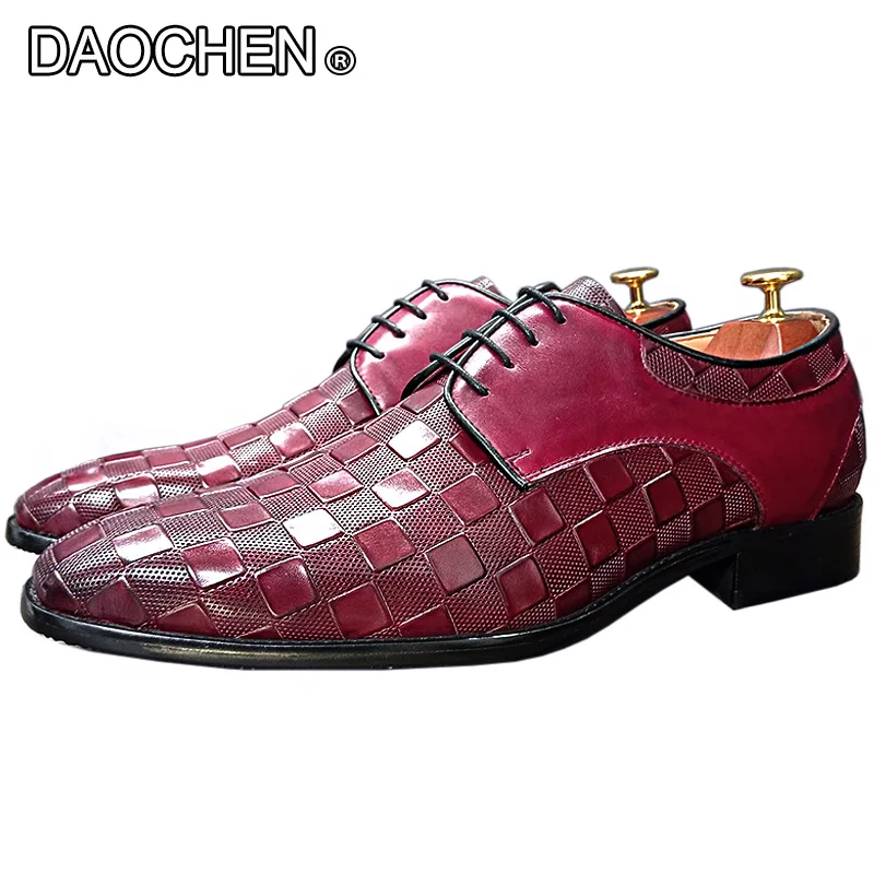 LUXURY MEN GENUINE LEATHER SHOES RED BLACK LACE UP POINTED DERBY OXFORDS PLAID PRINT MAN SHOE WEDDING OFFICE CASUAL SHOE FOR MAN