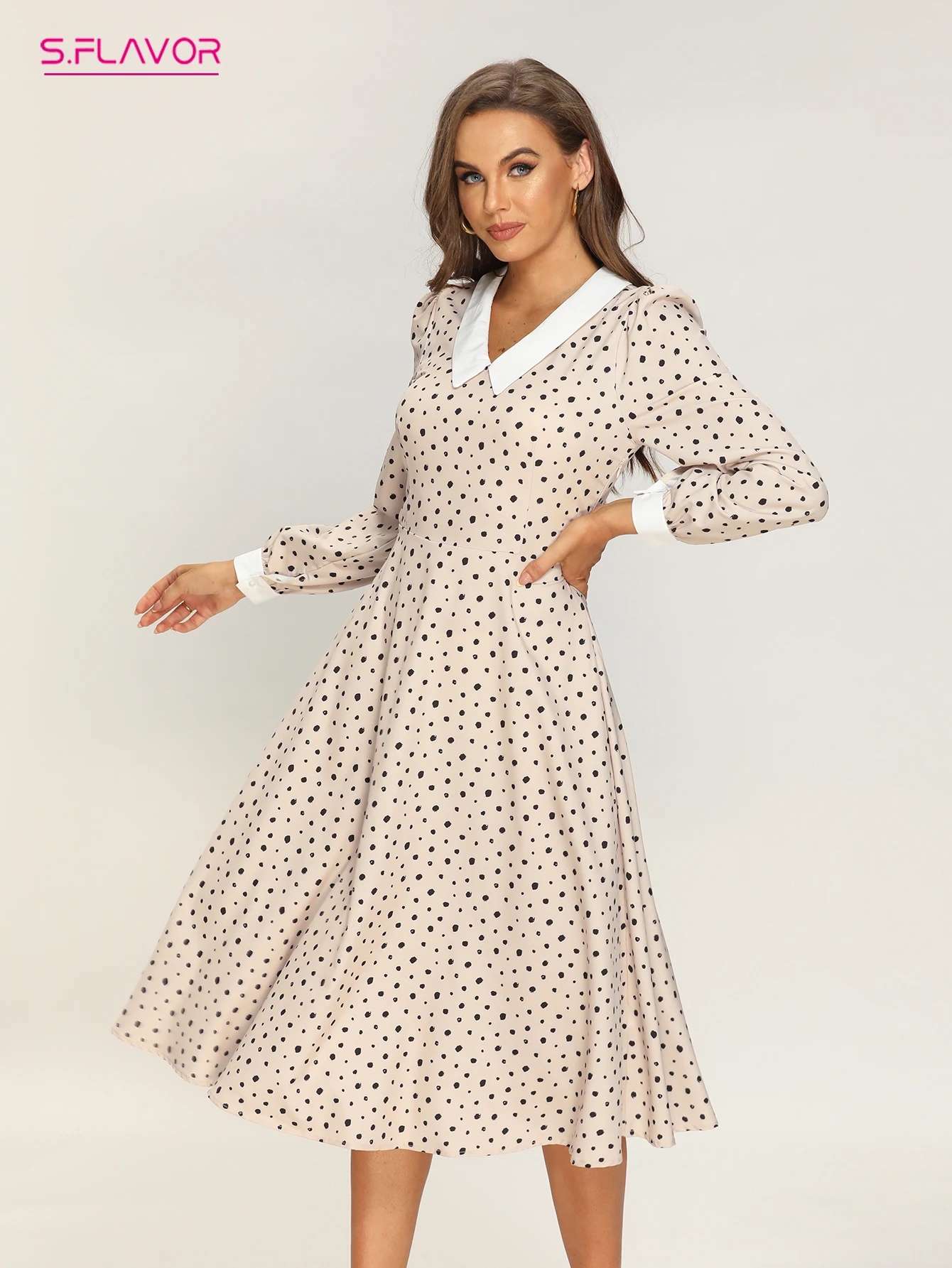 

S.FLAVOR Autumn Polka Dot Print Turn Down Collar A Line Dresses Long Sleeve Patchwork Knee Length Dress Vintage Party Vestidos