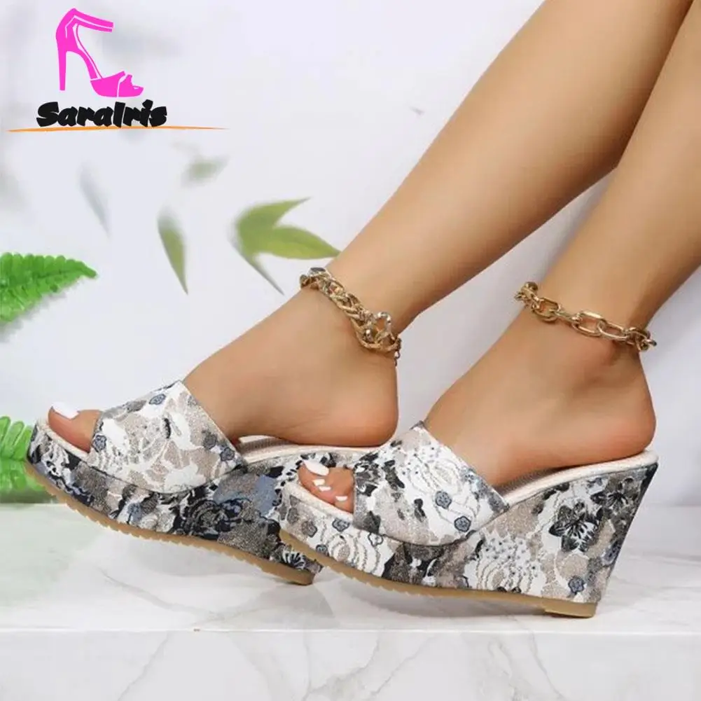 Platform Straw Women  Sandals 2023 Hot Fashion Vintage Wedge High Heels Elegant Sandals Slipper Flower Print Ankle Strap Sandals