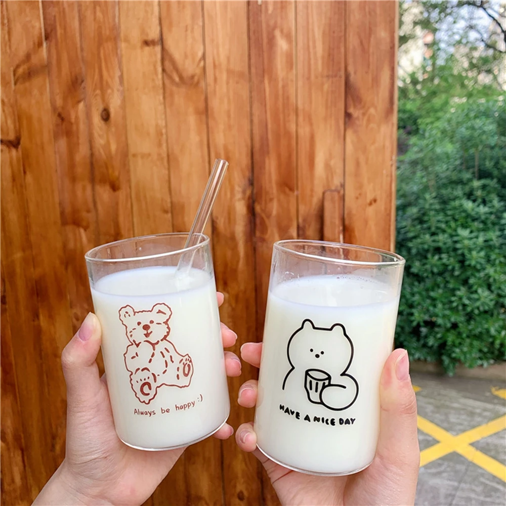 

300ml Cute Bear Transparent Glass Cup with Straw Creative Coffee Tea Drinks Dessert Breakfast Milk Cup Glass Mugs Drinkware