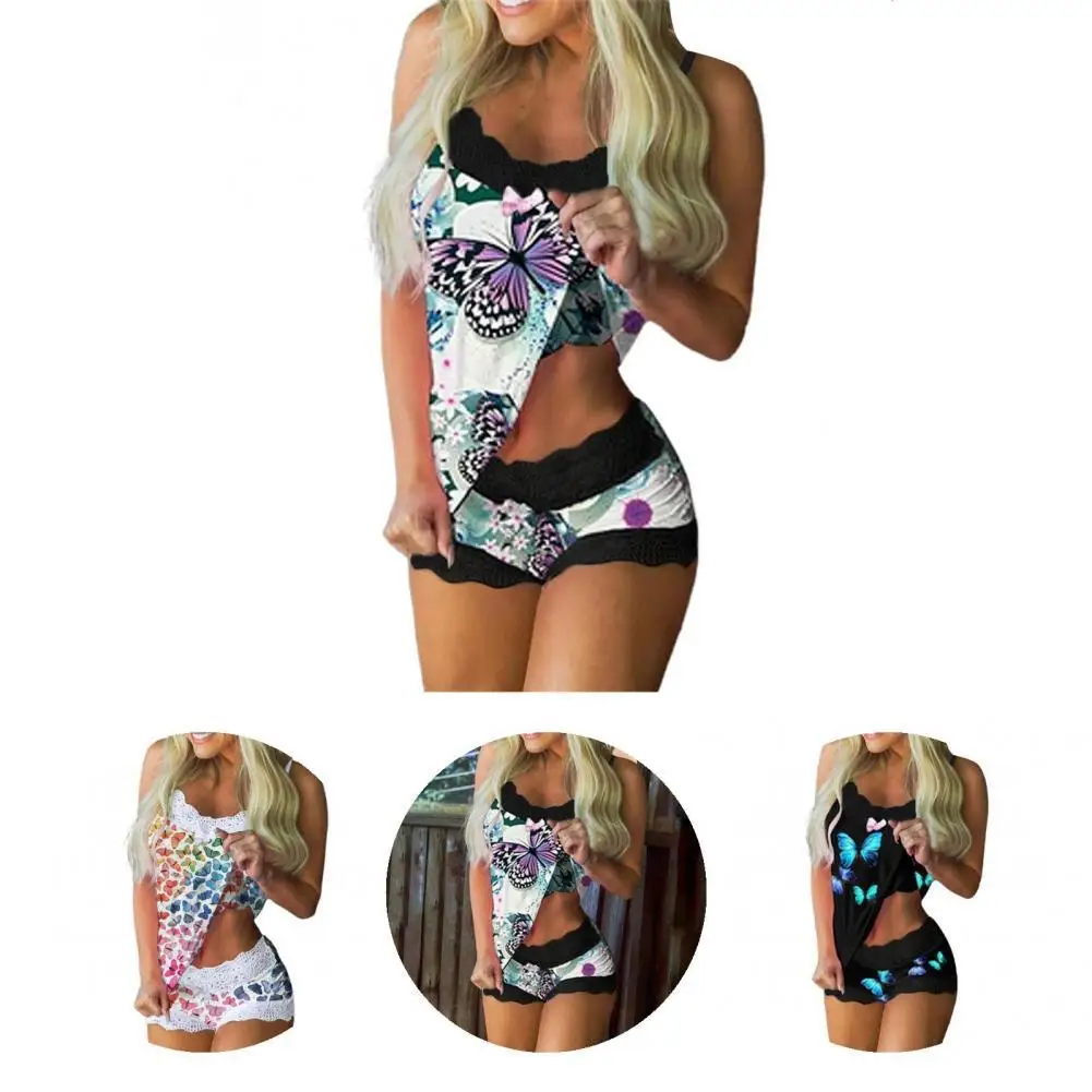 

1 Set Attractive Top Short Pants Printed Women Vest Shorts Adjustable Backless Vest Shorts