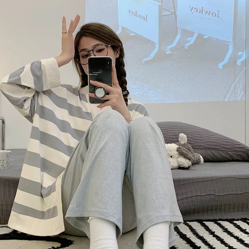 Yasuk Spring Autumn Fashion Women Casual Soft Stripes Sleepwear Homewear Pajamas With Pants Simple Elasticity Cotton