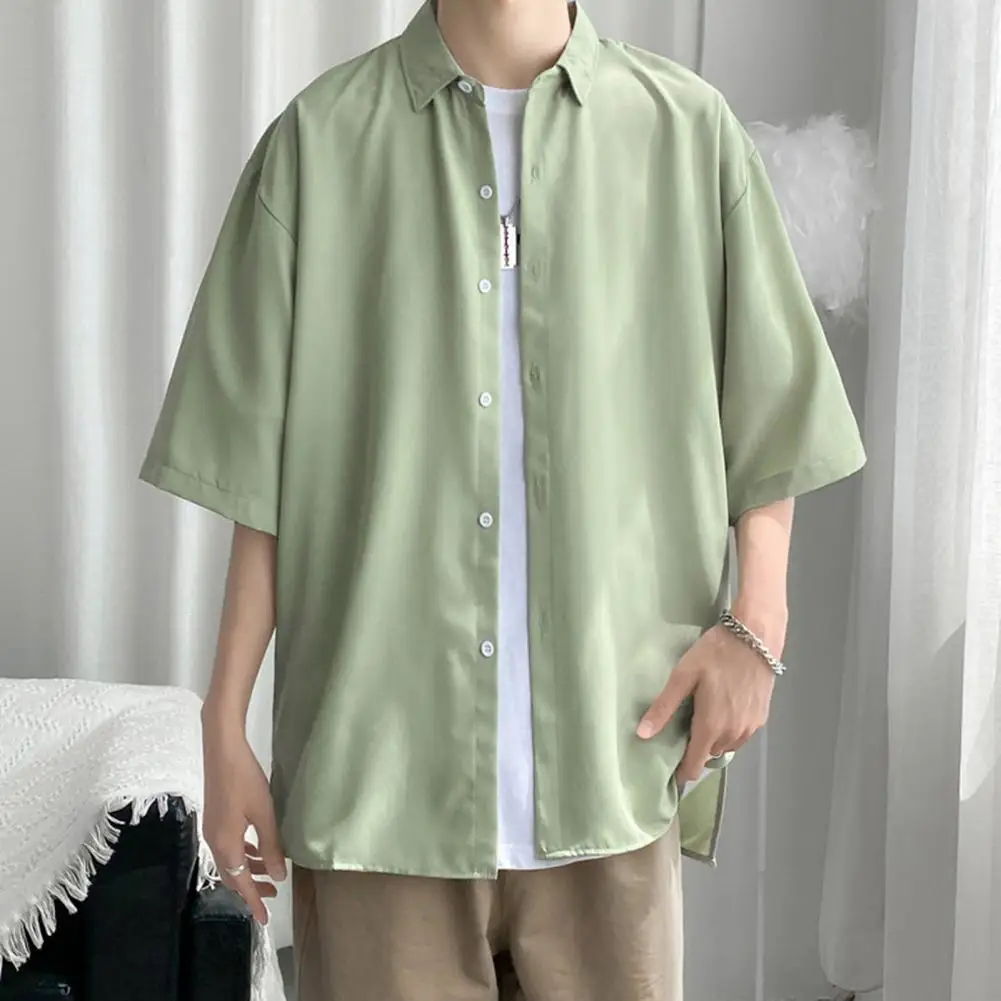 

Рубашка мужская с рукавом до локтя, дышащий топ свободного кроя, из мягкой ткани, с отложным воротником, стильная уличная одежда, крутая, на лето