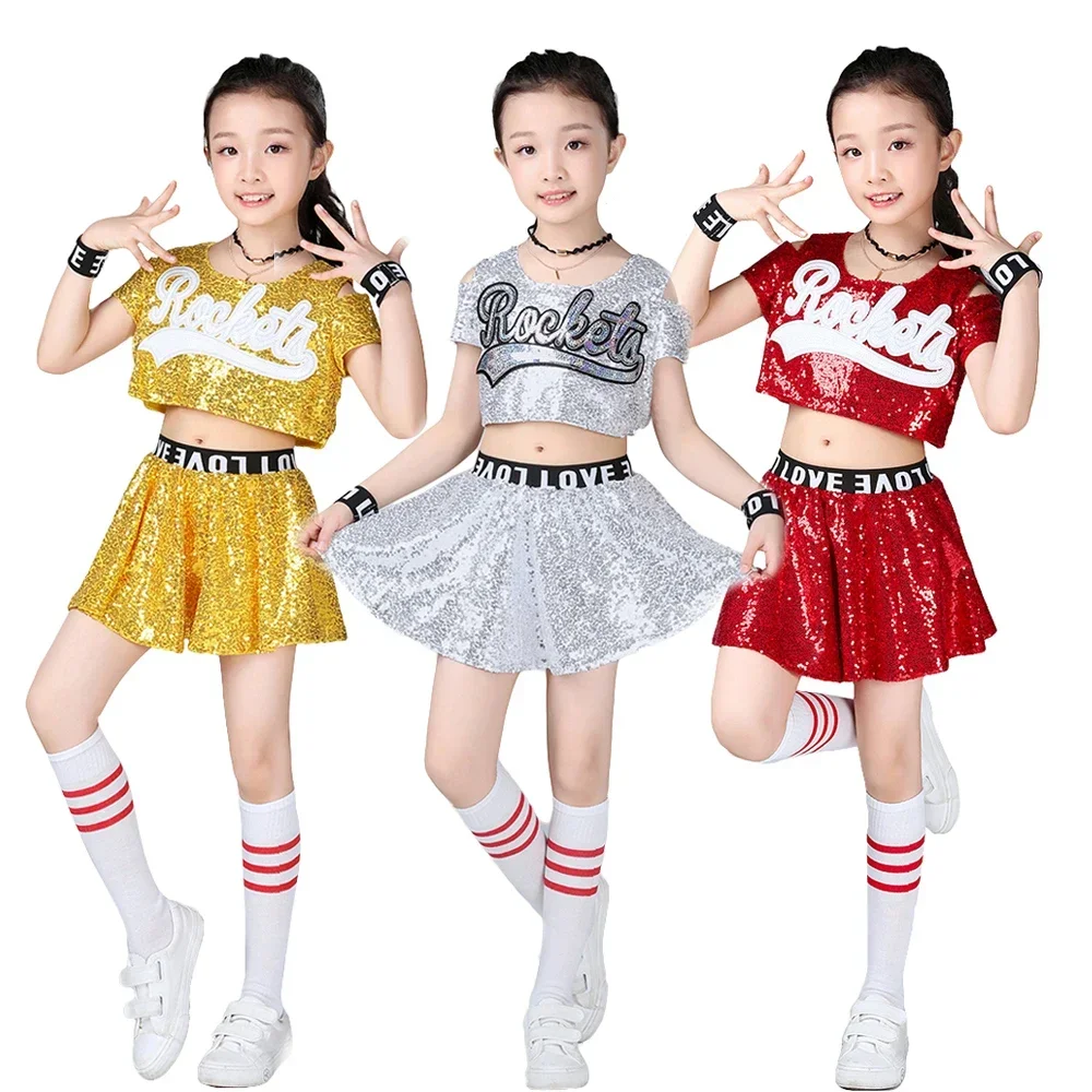 

5Pcs Kids Girls Boys Sequin Uniforms Outfit Cheerleader Clothing Crop Top & Skirt/ Shorts Set Street Dance Jazz Costumes