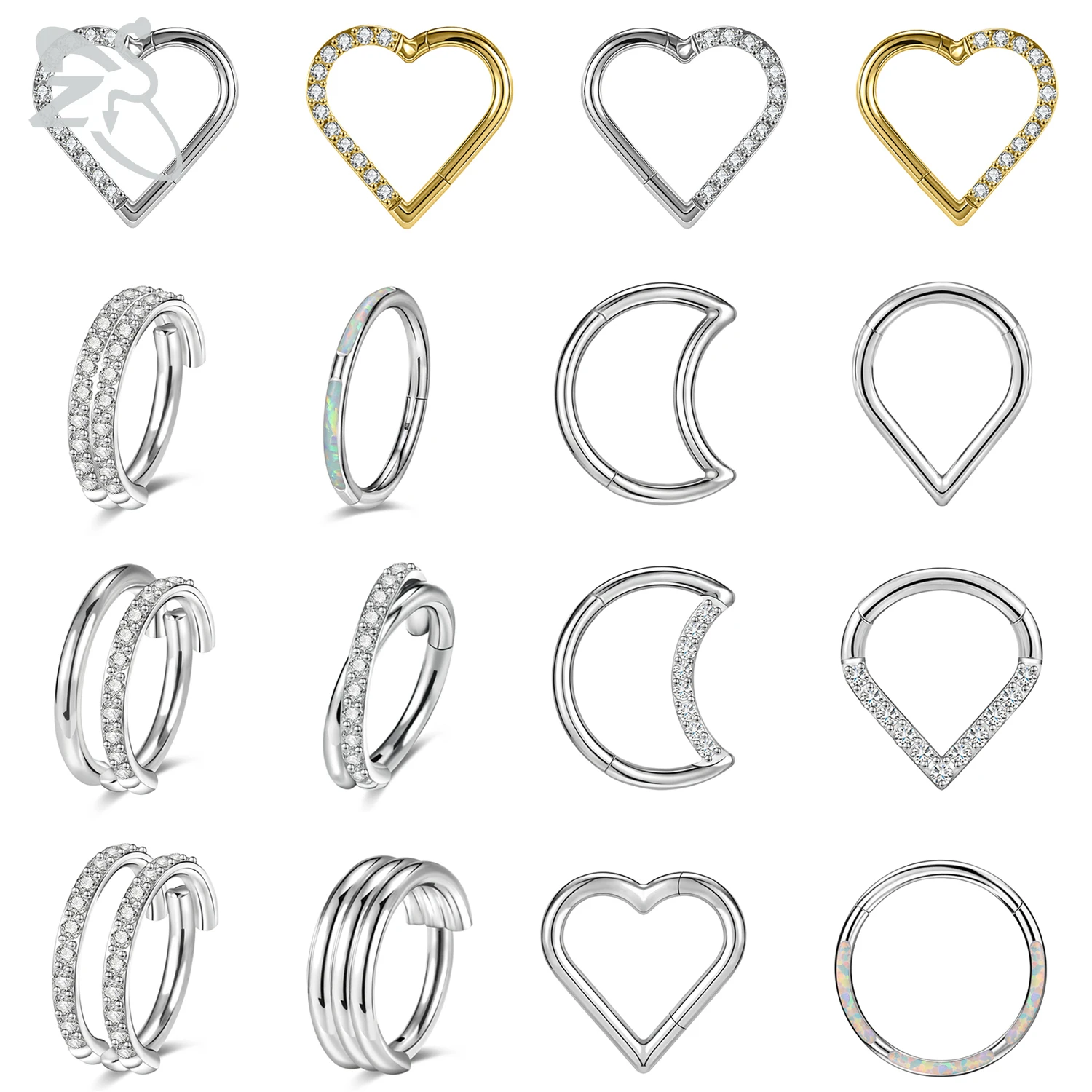 

ZS 1 Piece 16G G23 Titanium Steel Nose Ring Round Heart Septum Rings Clicker CZ Crystal Ear Tragus Daith Piercing Jewelry 8/10MM