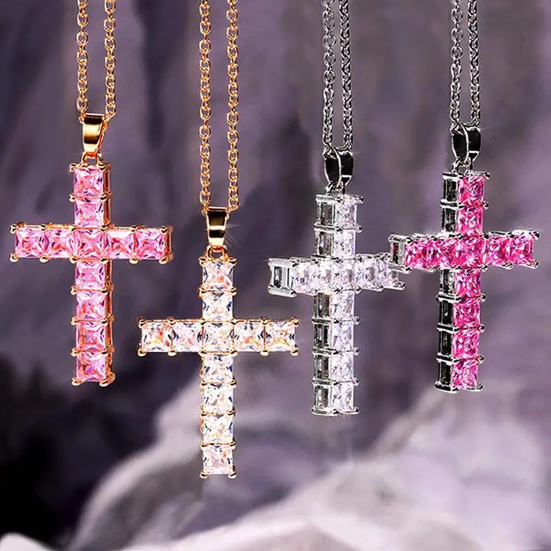 

Bling Simulated Diamond Cross Pendants Necklace Platinum Plated Men Women Lover Couple Religious Jewelry