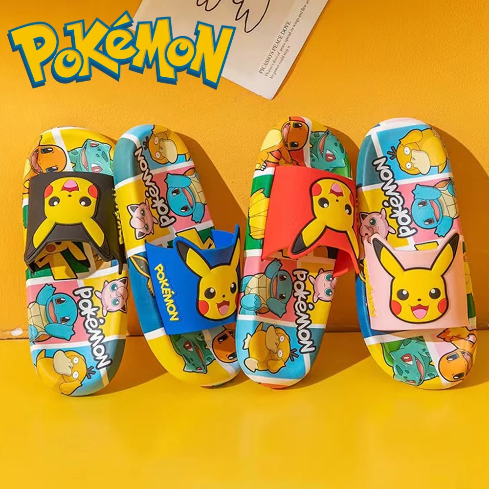 

Сандалии Kawaii с изображением покемона Пикачу, домашние тапочки, Симпатичные сандалии для ванной, Нескользящие, для улицы, пляжная обувь для м...