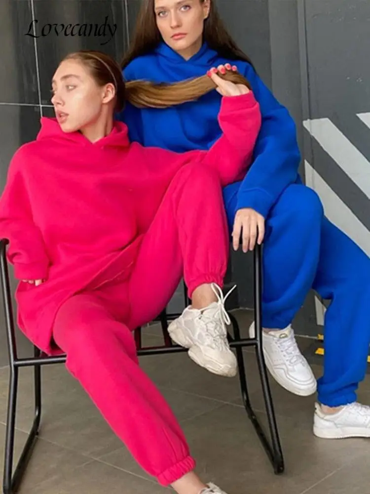 

Women Casual Fleece Tracksuit Two Piece Sets Fashion Chic Hoodie And Pencil Pants Suit 2022 Autumn Oversized Female Outfits