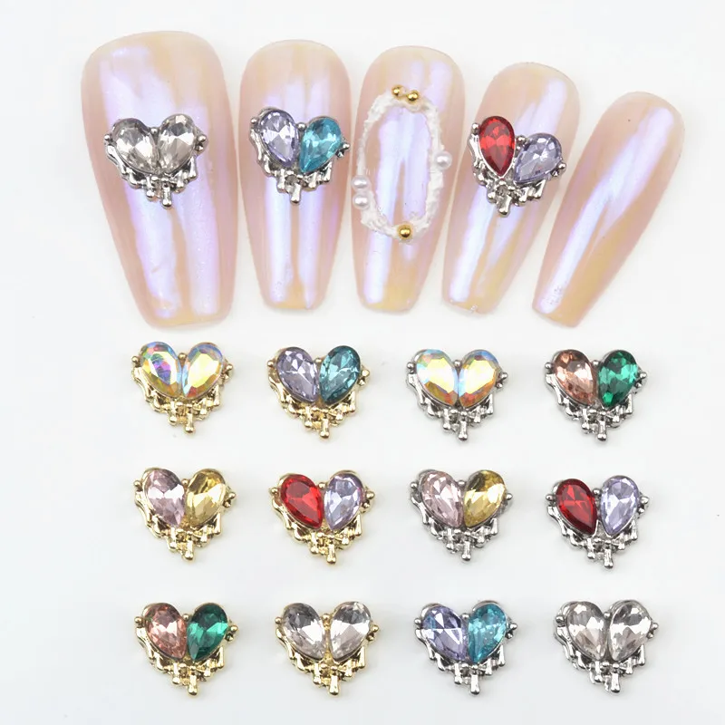 

20pcs Double Color Heart Nail Decoration Valentine's Day Luxury Diamond Metal 8*8mm Heart Shape Rhinestones Nail Charms Supplies