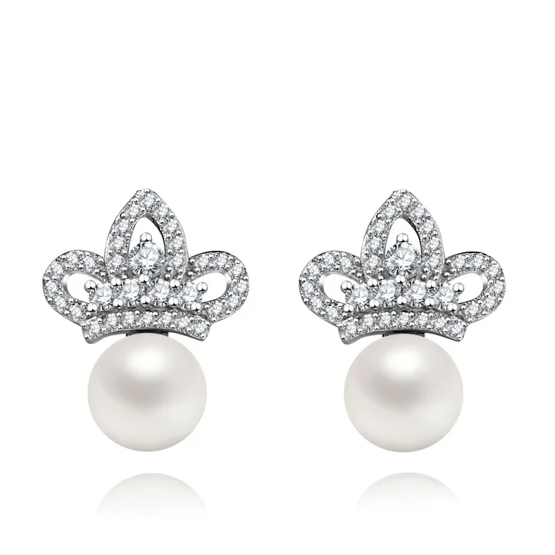 

Authentic 925 Sterling Silver Earring Simple Crown Pearl Full Crystal Stud Earring For Women Girl Wedding Party Jewelry Gift