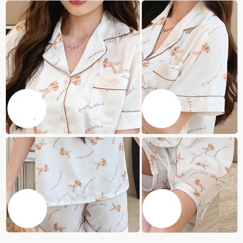 Pajamas Women's Summer New Bear Suit Simple and Fashionable Can Be Worn Outside Short-sleeved Shorts Turn-over Collar Sleepwear