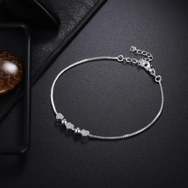 

925Sterling Silver Jeweleries Europe Japan and South Korea Supply Wiredrawing Screen Red Love Heart Bracelet Anklet Heart-Shaped