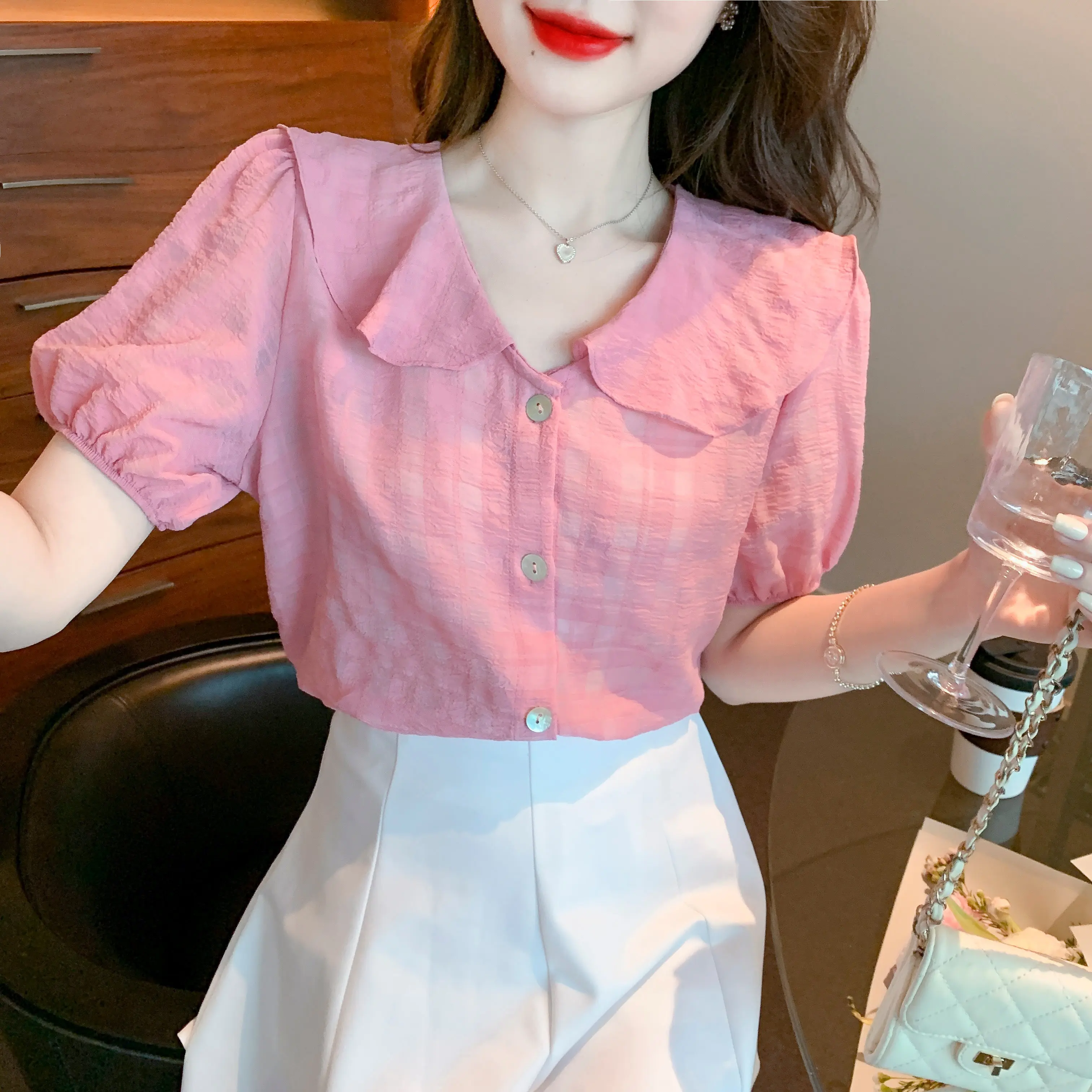 

Sweet Women Shirts 2022 Summer Fashion Female Clothing Ruffled Chiffon Shirt Short Sleeve Blouse Pink Womens Tops Girl's Shirts