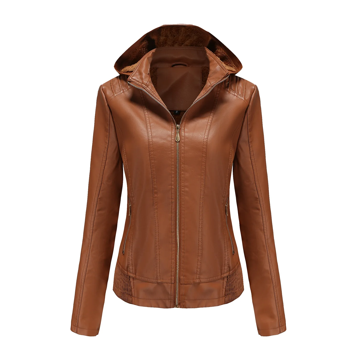 Autumn and winter hooded leather jacket women's detachable hat zipper long sleeve plush leather jacket fitted warm coat