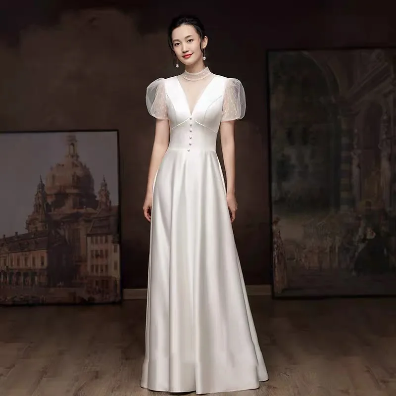 

Illusion Deep V-neck Women Wedding Dress Princess Puff Sleeves Robe De Mariee Elegant A Line Simple Satin Vestidos De Novia