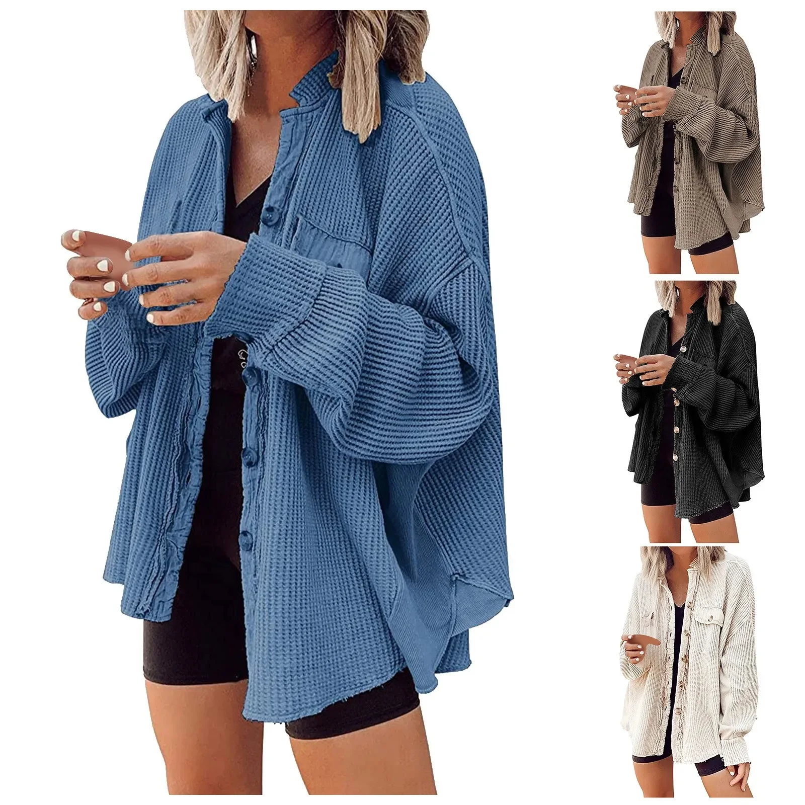 

Loose Bat Sleeve Cardigan Fake Pocket Coat Knitted Button Jacket Shirt Ladies Fashion Frayed Hem Top Women's Solid Color Jac