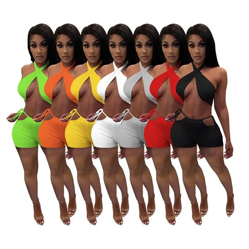 

Женские комплекты из двух предметов, модный сексуальный однотонный комплект из двух предметов, шорты, Короткий Повседневный костюм, женски...