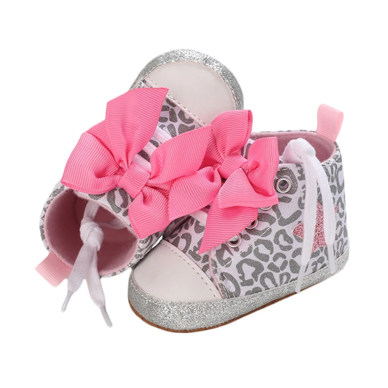 

0-12M Newborn Baby Girl Boys Shoes Leopard Star Printed Bowknot Walking Soft-Soled First Walker Shoes