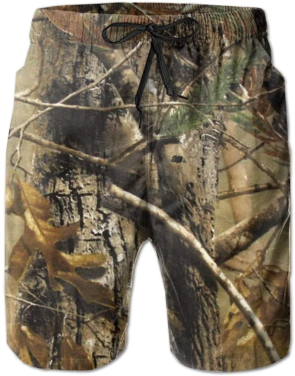 Mens 100% Polyester Realtree Camouflage Camo Swim Trunks, Fashion Board Shorts with Pockets