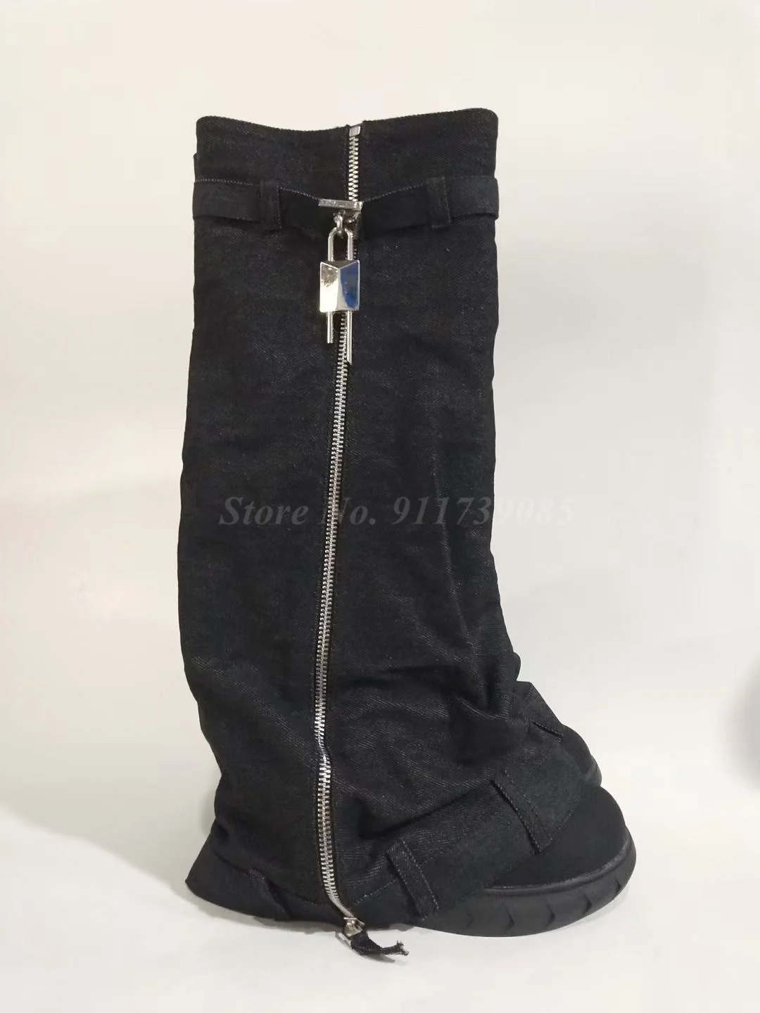 2023 Lock Decor Denim Shark Boots Fashion Thick Bottom Zip Knee High Boots Wedges High Heels Long Boots Women Shoes Plus Size 44